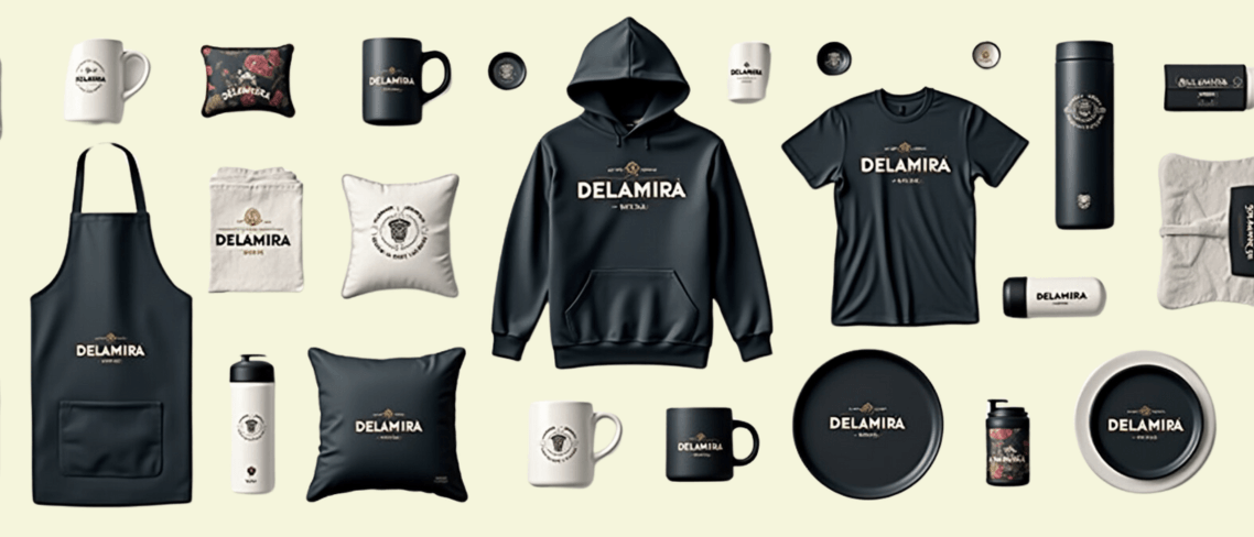 Merchandising-Artikel mit dem Logo und Schriftzug 'DELAMIRA': Tassen, Kissen, Hoodie, T-Shirt, Schürze, Thermoskanne, Teller, Notizbuch, Wasserflasche und Becher, in Schwarz, Weiß und Grau. Die Artikel sind auf einem hellen Hintergrund angeordnet.