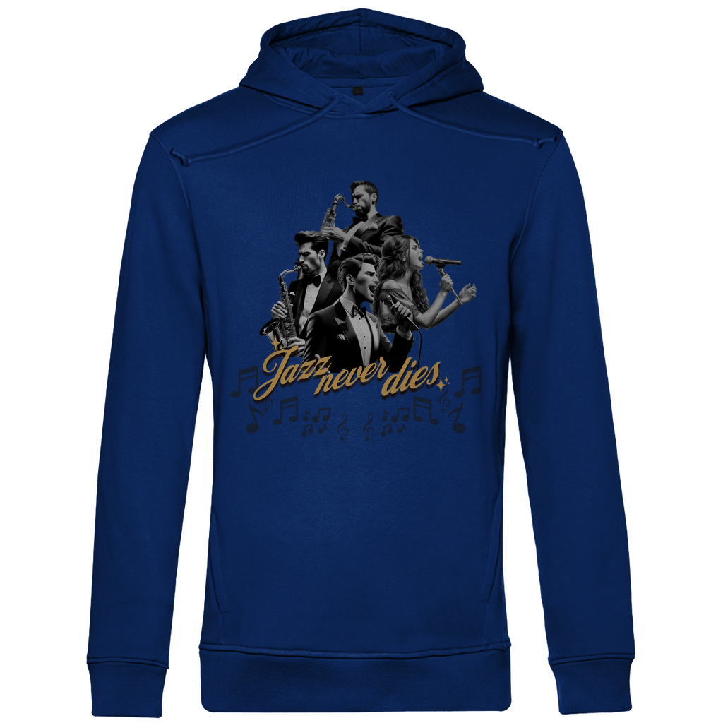 Ein dunkelblauer Hoodie mit einem lebendigen Jazz-Motiv. Das Design zeigt eine Gruppe von Musikern, die verschiedene Instrumente spielen, umgeben von musikalischen Noten. Der Schriftzug "Jazz never dies" ist in eleganter Schrift unterhalb der Musiker platziert. Das Design vermittelt eine nostalgische und künstlerische Atmosphäre, ideal für Jazzliebhaber.