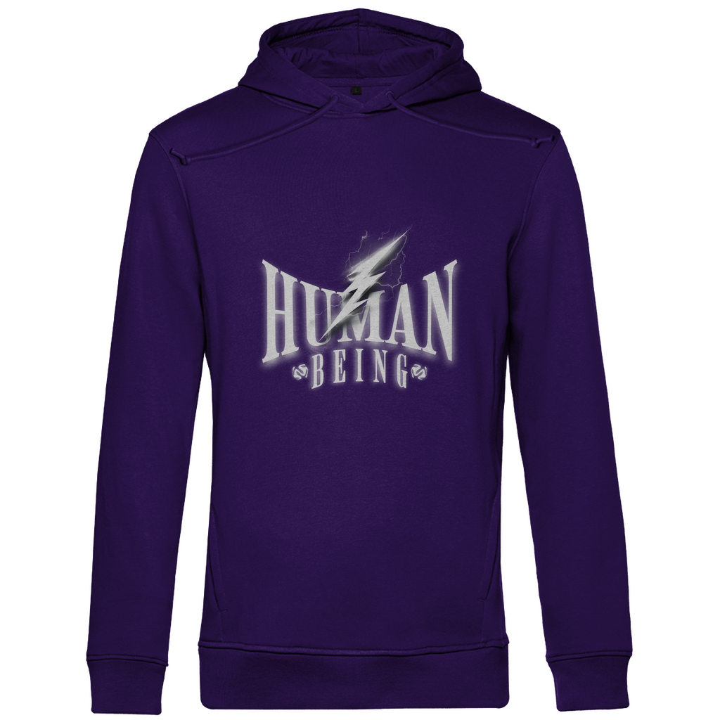 Lila Hoodie mit dem Schriftzug „Human Being“ in großen weißen Buchstaben und einem markanten Blitz-Design auf der Brust.