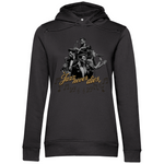 Schwarzer Damen-Hoodie mit einem auffälligen Jazz-Design. Das Motiv zeigt eine Gruppe von Musikern in stilvoller Kleidung, die verschiedene Instrumente spielen, umgeben von Musiknoten. In der Mitte steht der Schriftzug "Jazz never dies" in goldenen Lettern. Der Hoodie kombiniert ein elegantes Design mit einem musikalischen Thema.