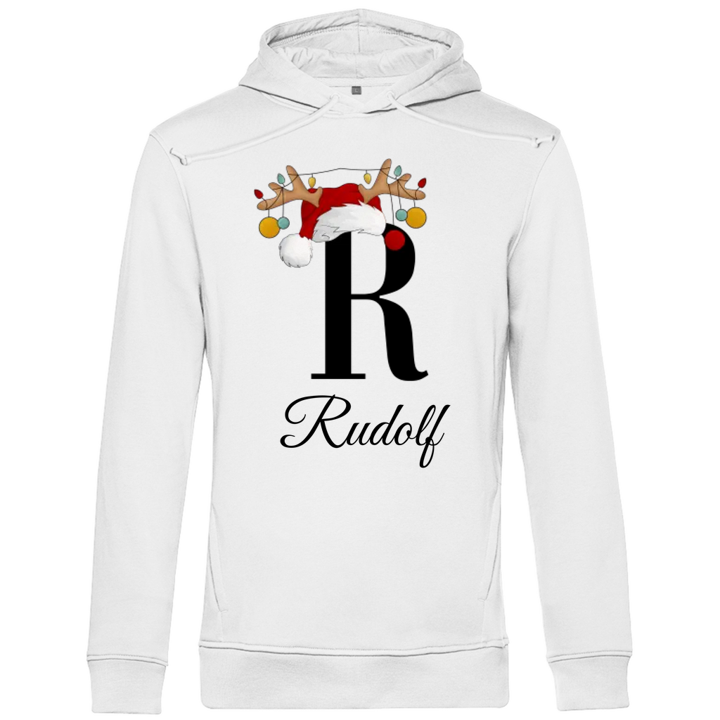 Ein weißer Hoodie mit einem festlichen Design, das den Buchstaben „R“ in Schwarz zeigt. Der Buchstabe ist mit einem Weihnachtsmann-Hut und Rentiergeweihen verziert, an denen bunte Kugeln hängen. Unter dem Buchstaben steht der Name „Rudolf“ in eleganter, geschwungener Schrift. Der Hoodie ist perfekt für die Weihnachtszeit und bietet eine persönliche Note, ideal für festliche Anlässe.