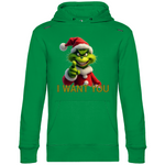 Ein hellgrüner Hoodie mit einem humorvollen, weihnachtlichen Grinch-Motiv. Auf der Vorderseite ist eine grüne Figur mit Weihnachtsmann-Mütze zu sehen, die direkt in die Kamera zeigt. Darunter steht der Text "I WANT YOU" in roten Buchstaben mit grüner Umrandung. Der Hoodie strahlt eine witzige, festliche Atmosphäre aus und ist ideal für die Weihnachtszeit.