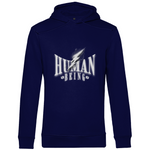 Dunkelblauer Hoodie mit dem Schriftzug „Human Being“ in großen weißen Buchstaben und einem markanten Blitz-Design auf der Brust.