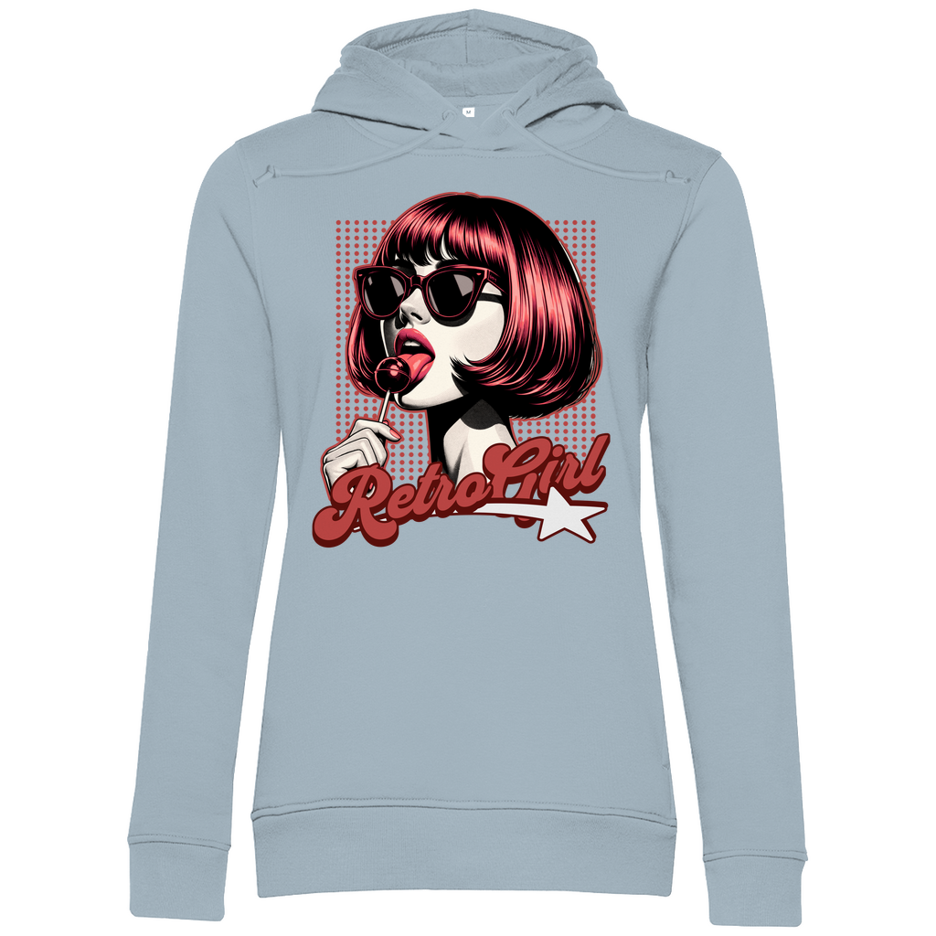 Damen Premium Bio Hoodie mit Retro Girl-Design, erhältlich in vielen ausgesuchten Farben, aus nachhaltiger Baumwolle, bequem und stilvoll – Delamira.