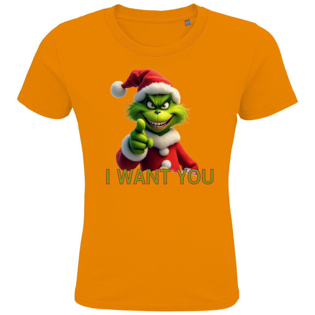 Ein oranges T-Shirt mit einem humorvollen, weihnachtlichen Grinch-Motiv. Auf der Vorderseite ist eine grüne Figur mit Weihnachtsmann-Mütze zu sehen, die in die Kamera zeigt. Darunter steht in roten Buchstaben mit grüner Umrandung der Text "I WANT YOU". Das T-Shirt verbreitet eine witzige, festliche Stimmung und eignet sich perfekt für die Weihnachtszeit.