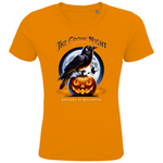 Ein oranges T-Shirt mit einem auffälligen Halloween-Design. Eine Krähe sitzt auf einem leuchtenden Kürbis, während im Hintergrund ein großer Vollmond und eine fliegende Fledermaus zu sehen sind. Oberhalb des Bildes steht der Schriftzug „The Crow Night“, darunter „Shadows of Halloween“. Das Design strahlt eine düstere und geheimnisvolle Halloween-Stimmung aus.