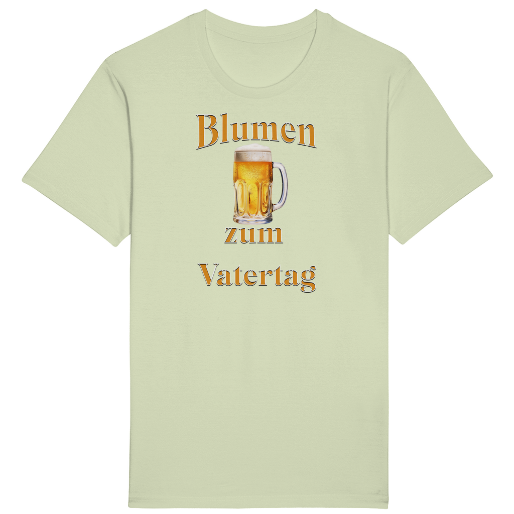 Hellgrünes T-Shirt mit dem humorvollen Aufdruck „Blumen zum Vatertag“. Ein goldener Bierkrug in der Mitte des Designs ersetzt augenzwinkernd die traditionellen Blumen, die man sonst schenkt. Ein perfektes Geschenk für Väter, die den Vatertag gerne mit einem erfrischenden Bier feiern und diesen besonderen „Blumenstrauß“ zu schätzen wissen!