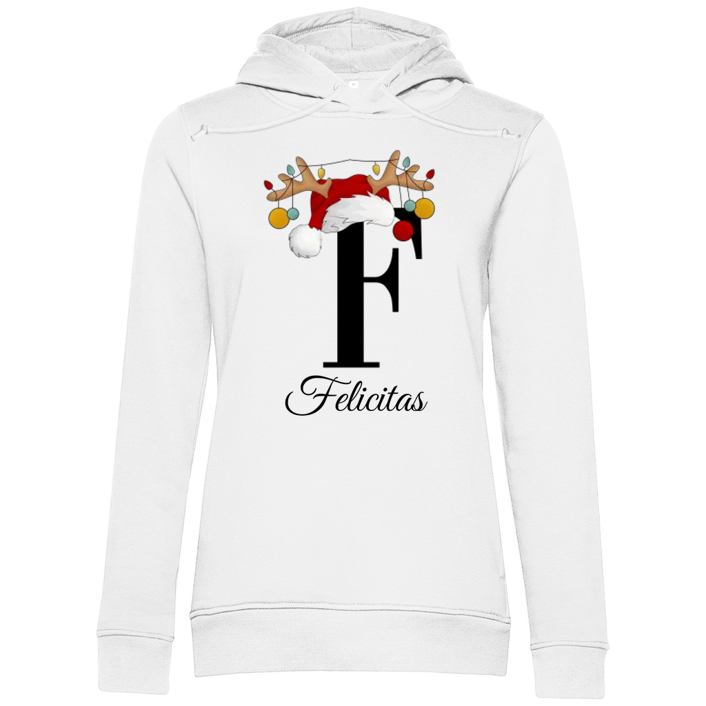 Das Bild zeigt einen weißen Hoodie mit einem personalisierten, weihnachtlichen Design. Im Mittelpunkt des Designs steht der Buchstabe "F", geschmückt mit einem Rentiergeweih, einem Weihnachtsmann-Hut und bunten Kugeln, die eine festliche Stimmung verbreiten. Unterhalb des Buchstabens ist der Name "Felicitas" in einer eleganten, geschwungenen Schrift abgebildet. Der Hoodie vereint weihnachtliche Elemente mit einer individuellen Note und eignet sich perfekt als persönliches Weihnachtsgeschenk.