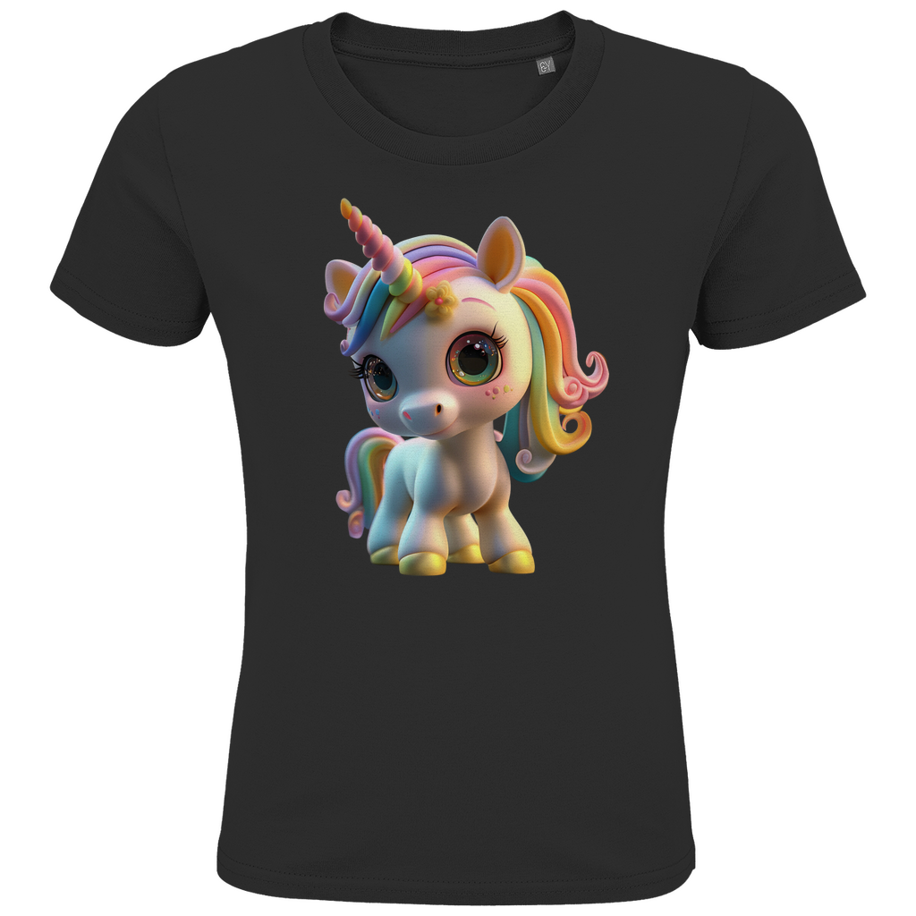 Ein schwarzes Kinder-T-Shirt mit einem farbenfrohen Einhorn-Design. Das Einhorn hat eine Regenbogenmähne und große, strahlende Augen, die ihm einen niedlichen und lebendigen Ausdruck verleihen. Sein verspieltes Horn und die zarten Verzierungen auf seinem Gesicht ergänzen das charmante Design. Das T-Shirt bietet eine ideale Option für Kinder, die magische und fantasievolle Motive lieben.