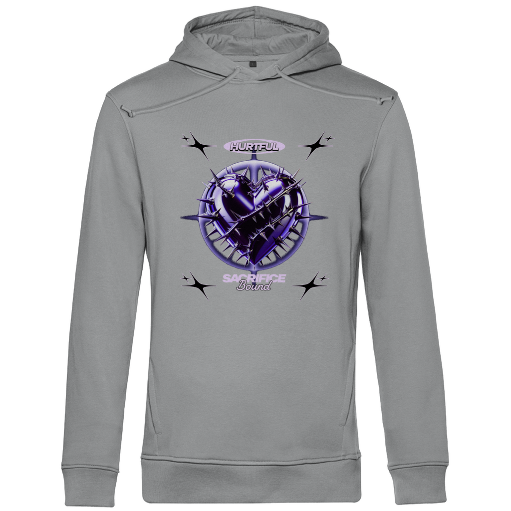 Ein hellgrauer Hoodie mit einem auffälligen Design in der Mitte. Das Motiv zeigt ein violettes Herz, umgeben von Dornen und stachelartigen Elementen. Über dem Herz steht der Schriftzug "Hurtful", darunter "Sacrifice Bound" in hellen Farben. Der Hoodie hat eine künstlerische und emotionale Ausstrahlung, ideal für einen individuellen Look.