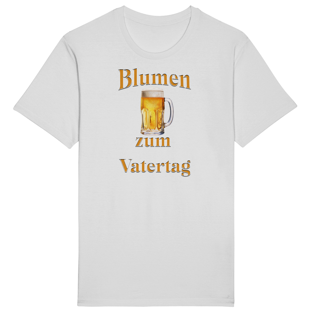 Weißes T-Shirt mit dem humorvollen Aufdruck „Blumen zum Vatertag“. Ein goldener Bierkrug in der Mitte des Designs ersetzt augenzwinkernd die traditionellen Blumen, die man sonst schenkt. Ein perfektes Geschenk für Väter, die den Vatertag gerne mit einem erfrischenden Bier feiern und diesen besonderen „Blumenstrauß“ zu schätzen wissen!