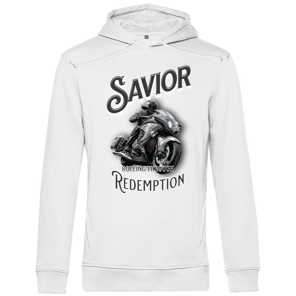 Ein weißer Hoodie mit einem auffälligen Motorrad-Design. Im Zentrum befindet sich ein Motorradfahrer auf einem sportlichen Bike in Bewegung. Der Schriftzug "Savior" steht oben in großen, stilvollen Buchstaben, während darunter "Rolling Through Redemption" in kleineren Lettern erscheint. Das Design vermittelt eine kraftvolle und abenteuerliche Atmosphäre, ideal für Motorradliebhaber und Abenteurer.