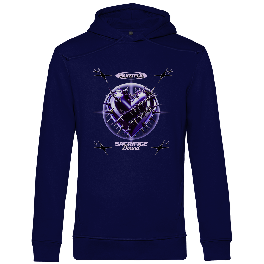 Ein dunkelblauer Hoodie mit einem auffälligen Design in der Mitte. Das Motiv zeigt ein violettes Herz, umgeben von Dornen und stachelartigen Elementen. Über dem Herz steht der Schriftzug "Hurtful", darunter "Sacrifice Bound" in hellen Farben. Der Hoodie hat eine künstlerische und emotionale Ausstrahlung, ideal für einen individuellen Look.