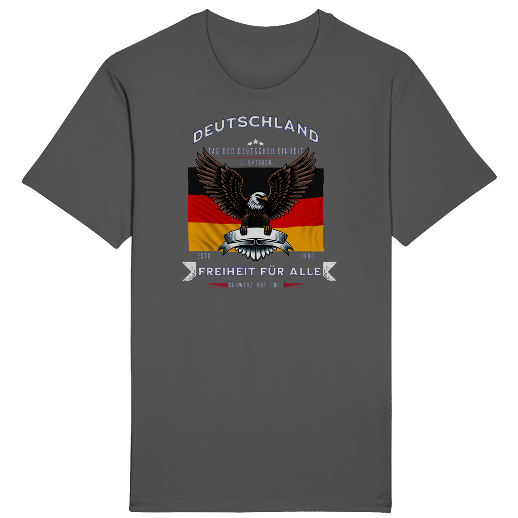 Graues T-Shirt mit patriotischem Design, das die deutsche Flagge und einen imposanten Adler zeigt. Der Schriftzug „Deutschland – Freiheit für alle“ und „Tag der Deutschen Einheit – 3. Oktober“ betont die Bedeutung der deutschen Einheit und Freiheit. Ein markantes Statement für alle, die Stolz und Zusammenhalt symbolisieren und an den Werten von Schwarz-Rot-Gold festhalten.