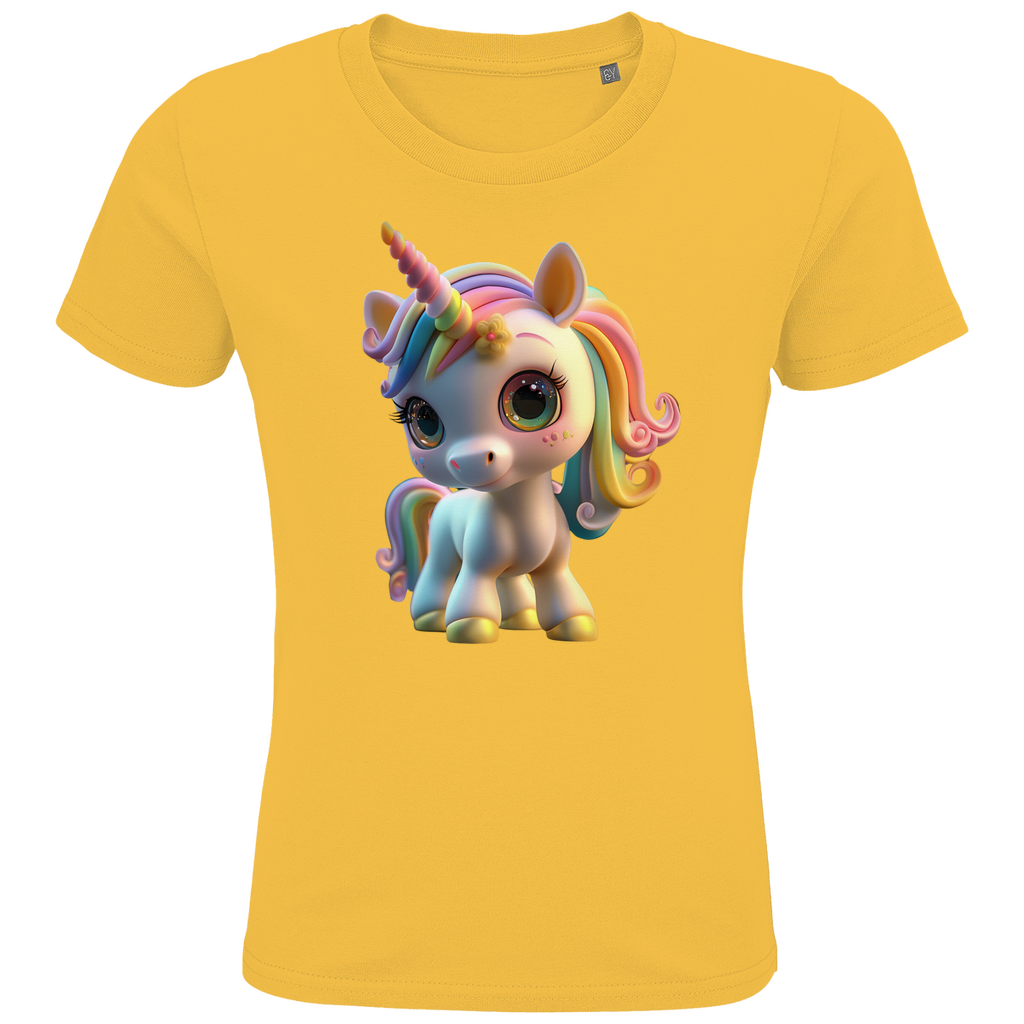 Ein gelbes Kinder-T-Shirt mit einem farbenfrohen Einhorn-Design. Das Einhorn hat eine Regenbogenmähne und große, strahlende Augen, die ihm einen niedlichen und lebendigen Ausdruck verleihen. Sein verspieltes Horn und die zarten Verzierungen auf seinem Gesicht ergänzen das charmante Design. Das T-Shirt bietet eine ideale Option für Kinder, die magische und fantasievolle Motive lieben.