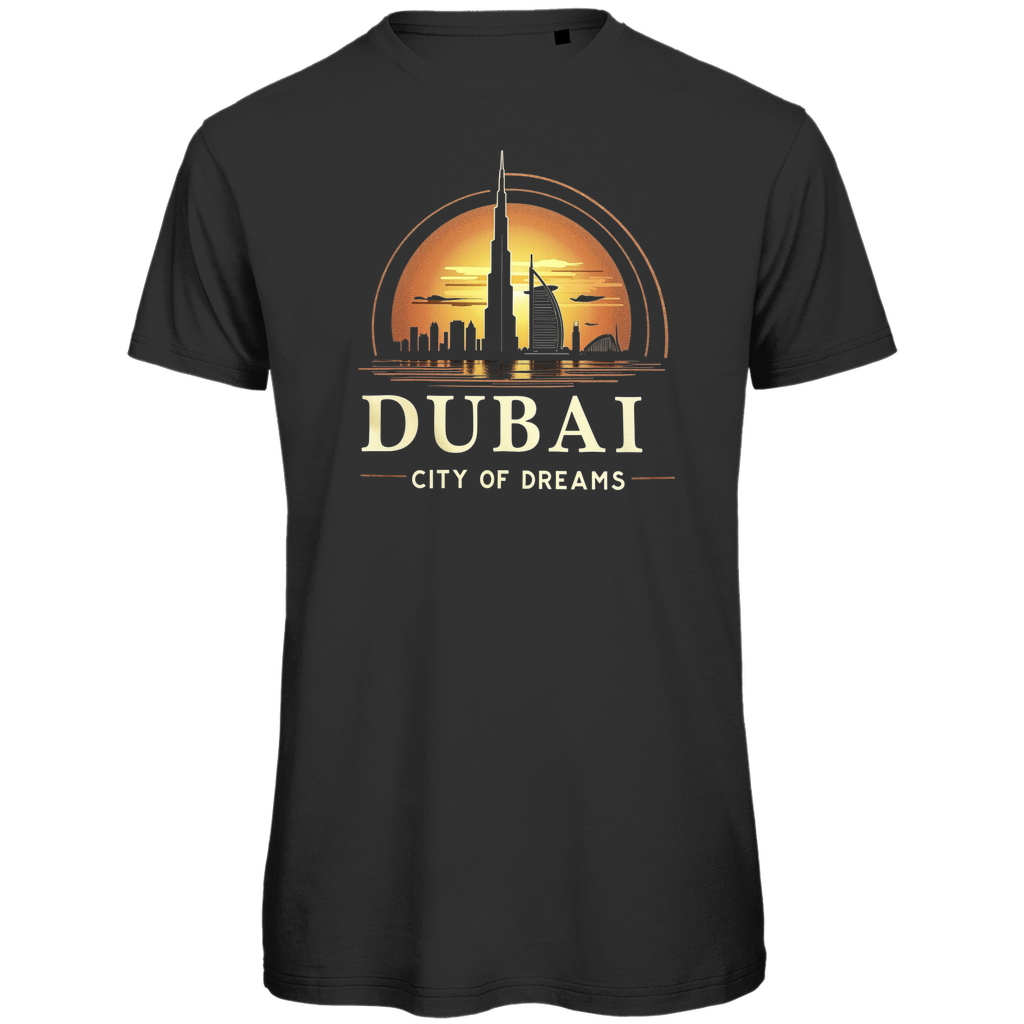 Ein schwarzes T-Shirt mit einem auffälligen Dubai-Motiv: Skyline inklusive Burj Khalifa vor einem Sonnenuntergang. Text: 'Dubai - City of Dreams'.