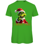 Ein grünes T-Shirt mit einem humorvollen, weihnachtlichen Motiv. Auf der Vorderseite ist eine grüne, grinsende Figur in einem roten Weihnachtsmann-Anzug zu sehen, die direkt in die Kamera zeigt. Darunter steht in gelben Buchstaben mit roter Umrandung der Text "I WANT YOU". Das T-Shirt strahlt eine lustige, festliche Atmosphäre aus und ist perfekt für die Weihnachtszeit geeignet.