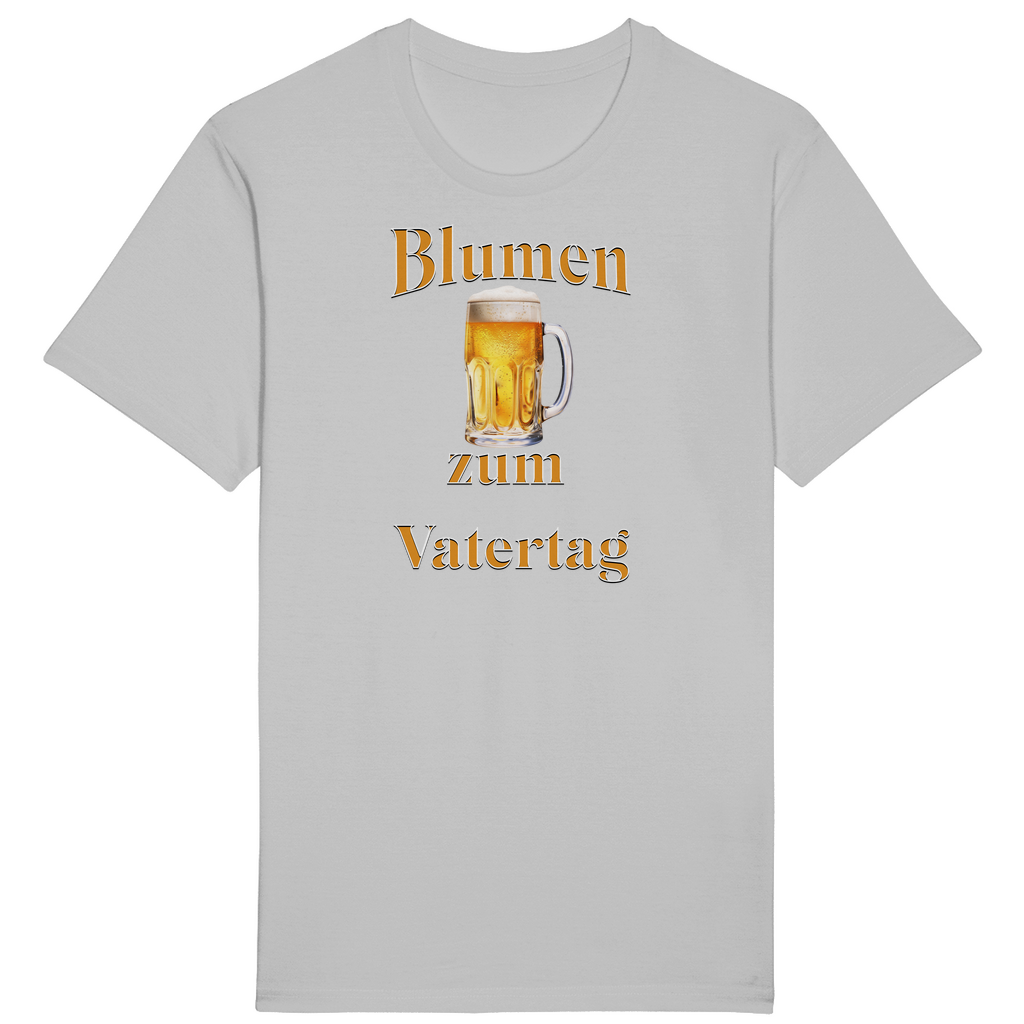 Hellgraues T-Shirt mit dem humorvollen Aufdruck „Blumen zum Vatertag“. Ein goldener Bierkrug in der Mitte des Designs ersetzt augenzwinkernd die traditionellen Blumen, die man sonst schenkt. Ein perfektes Geschenk für Väter, die den Vatertag gerne mit einem erfrischenden Bier feiern und diesen besonderen „Blumenstrauß“ zu schätzen wissen!