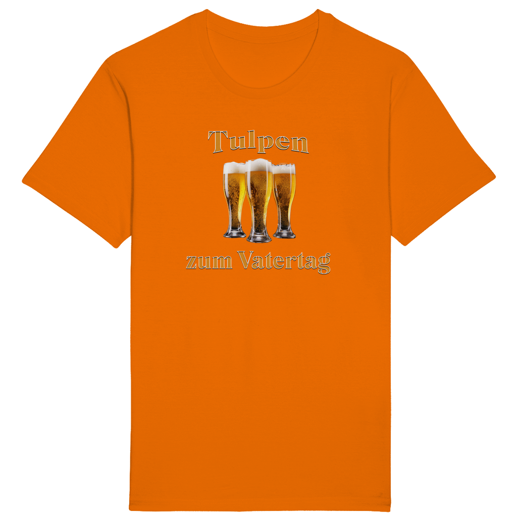 Oranges T-Shirt mit dem humorvollen Spruch „Tulpen zum Vatertag“ in orange-weißer Schrift. In der Mitte des Designs sind drei gefüllte Biergläser angeordnet, die auf humorvolle Weise an „Tulpen“ erinnern.