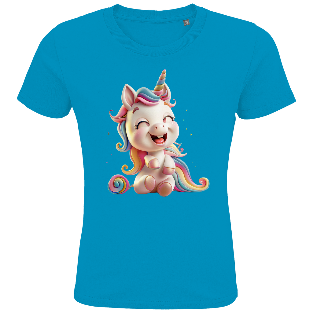 Ein hellblaues Kinder-T-Shirt mit einem fröhlichen Einhorn-Design. Das Einhorn hat eine pastellfarbene Regenbogenmähne und einen passenden Schweif. Es sitzt lachend auf dem T-Shirt und strahlt pure Freude aus. Das Motiv ist in leuchtenden Farben gestaltet und hebt sich gut vom weißen Hintergrund des T-Shirts ab, ideal für kleine Einhorn-Fans und perfekt für farbenfrohe, magische Momente.