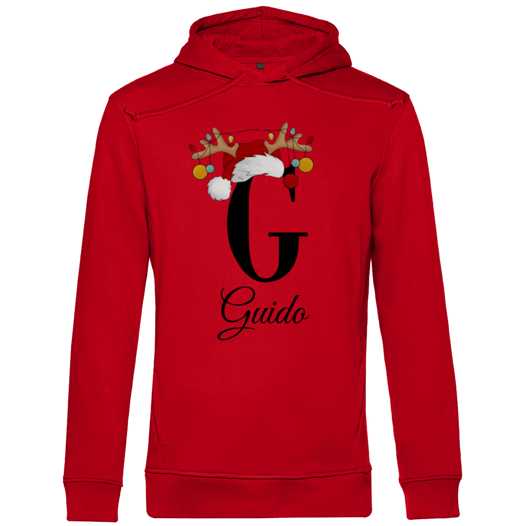 Ein roter Hoodie mit einem weihnachtlichen Design, das den Buchstaben "G" zeigt. Der Buchstabe ist in Schwarz gehalten und mit einem Weihnachtsmann-Hut sowie Rentiergeweihen verziert, an denen bunte Kugeln hängen. Unter dem Buchstaben ist der personalisierte Name "Guido" in eleganter, geschwungener Schrift zu sehen. Der Hoodie strahlt eine festliche und personalisierte Stimmung aus und eignet sich perfekt für die Winter- und Weihnachtszeit.