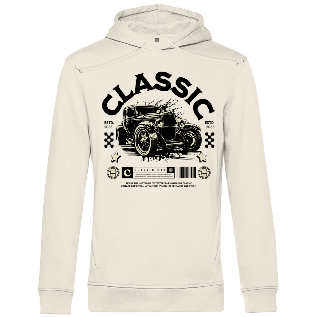 Ein cremefarbener Hoodie mit einem markanten Retro-Design. Im Zentrum des Designs steht ein klassisches Auto, umgeben von den Worten „Classic“ in großen, geschwungenen Buchstaben. Darunter befinden sich verschiedene Retro-Elemente wie Rennflaggen, Sterne und ein Barcode mit dem Text „Classic Car“. Das Design erinnert an die Ästhetik vergangener Zeiten und verleiht dem Hoodie einen nostalgischen, stilvollen Look. Perfekt für Liebhaber von Vintage-Autos und klassischem Stil.