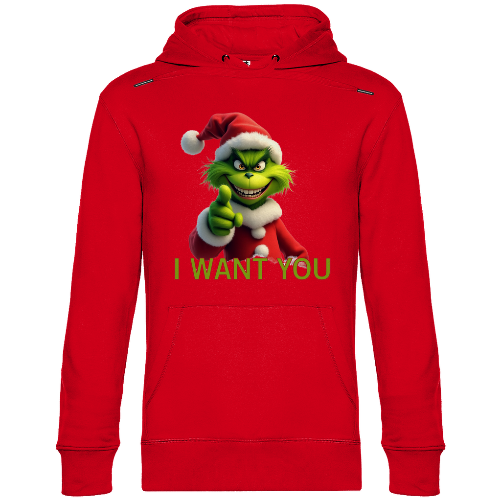 Ein roter Hoodie mit einem humorvollen, weihnachtlichen Grinch-Motiv. Auf der Vorderseite ist eine grüne Figur mit Weihnachtsmann-Mütze zu sehen, die direkt in die Kamera zeigt. Darunter steht der Text "I WANT YOU" in roten Buchstaben mit grüner Umrandung. Der Hoodie strahlt eine witzige, festliche Atmosphäre aus und ist ideal für die Weihnachtszeit.