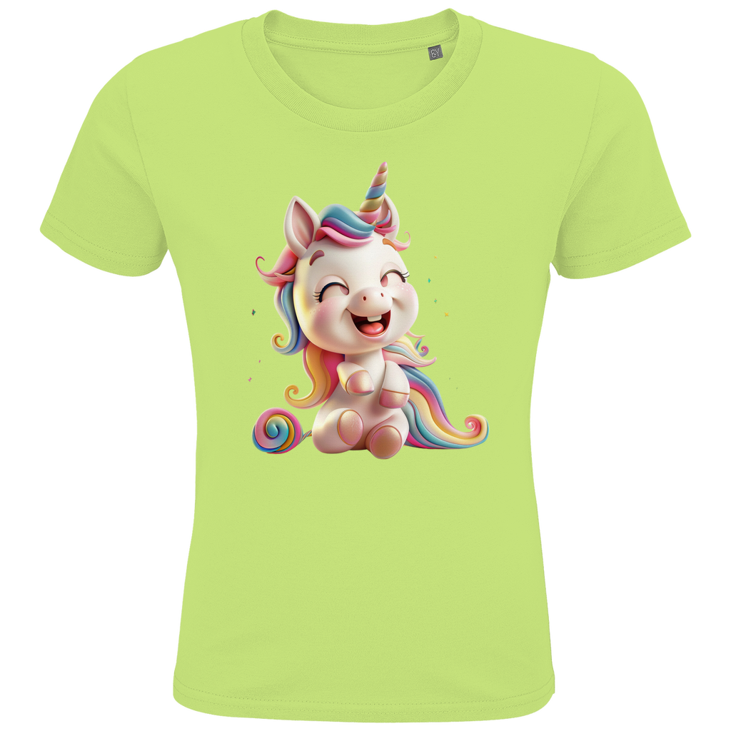 Ein hellgrünes Kinder-T-Shirt mit einem fröhlichen Einhorn-Design. Das Einhorn hat eine pastellfarbene Regenbogenmähne und einen passenden Schweif. Es sitzt lachend auf dem T-Shirt und strahlt pure Freude aus. Das Motiv ist in leuchtenden Farben gestaltet und hebt sich gut vom weißen Hintergrund des T-Shirts ab, ideal für kleine Einhorn-Fans und perfekt für farbenfrohe, magische Momente.