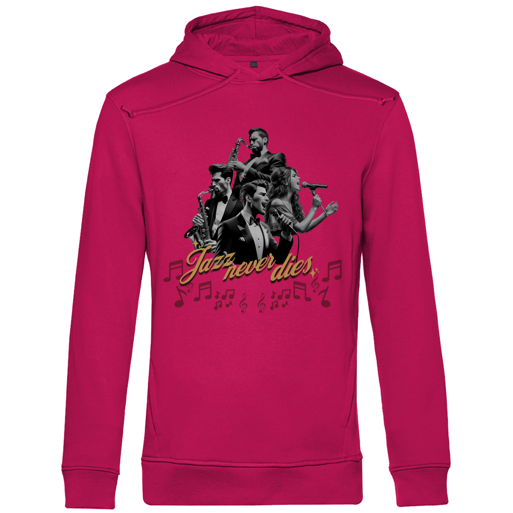 Ein pinker Hoodie mit einem lebendigen Jazz-Motiv. Das Design zeigt eine Gruppe von Musikern, die verschiedene Instrumente spielen, umgeben von musikalischen Noten. Der Schriftzug "Jazz never dies" ist in eleganter Schrift unterhalb der Musiker platziert. Das Design vermittelt eine nostalgische und künstlerische Atmosphäre, ideal für Jazzliebhaber.