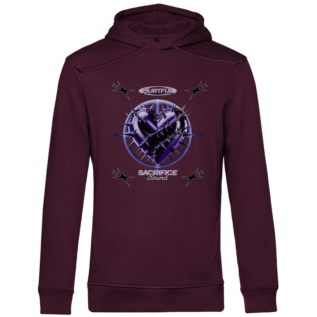 Ein burgundfarbener Hoodie mit einem auffälligen Design in der Mitte. Das Motiv zeigt ein violettes Herz, umgeben von Dornen und stachelartigen Elementen. Über dem Herz steht der Schriftzug "Hurtful", darunter "Sacrifice Bound" in hellen Farben. Der Hoodie hat eine künstlerische und emotionale Ausstrahlung, ideal für einen individuellen Look.