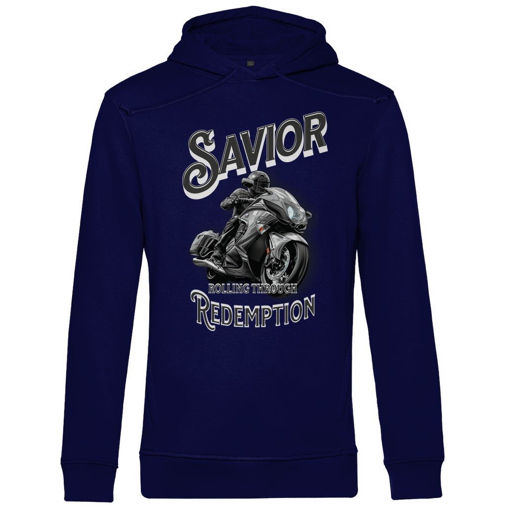 Ein dunkelblauer Hoodie mit einem auffälligen Motorrad-Design. Im Zentrum befindet sich ein Motorradfahrer auf einem sportlichen Bike in Bewegung. Der Schriftzug "Savior" steht oben in großen, stilvollen Buchstaben, während darunter "Rolling Through Redemption" in kleineren Lettern erscheint. Das Design vermittelt eine kraftvolle und abenteuerliche Atmosphäre, ideal für Motorradliebhaber und Abenteurer.