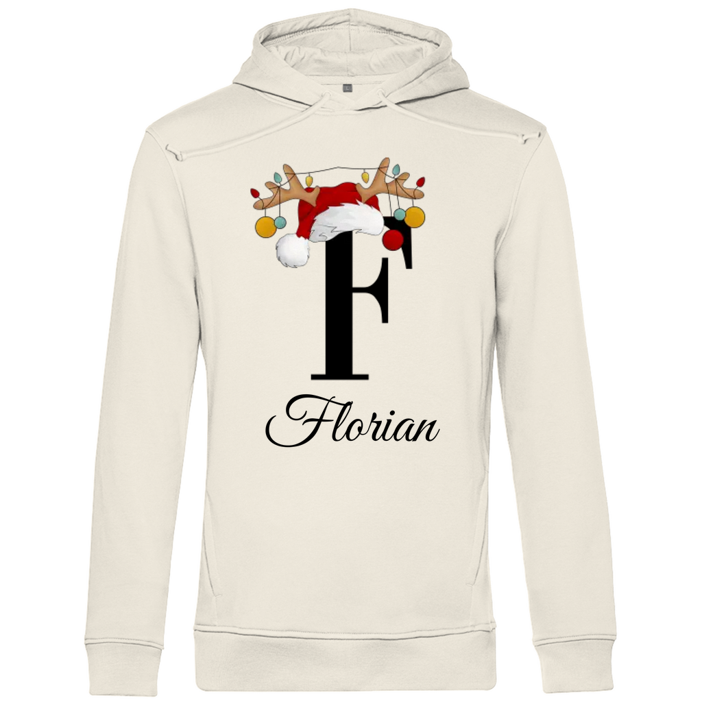 Ein cremefarbiger Hoodie mit einem weihnachtlichen Design, das den Buchstaben "F" zeigt. Der Buchstabe ist in schwarz gehalten und mit einem Weihnachtsmann-Hut sowie Rentiergeweihen verziert, an denen bunte Kugeln hängen. Unter dem Buchstaben ist der personalisierte Name "Florian" in eleganter, geschwungener Schrift zu sehen. Der Hoodie strahlt eine festliche und personalisierte Stimmung aus und eignet sich perfekt für die Winter- und Weihnachtszeit.