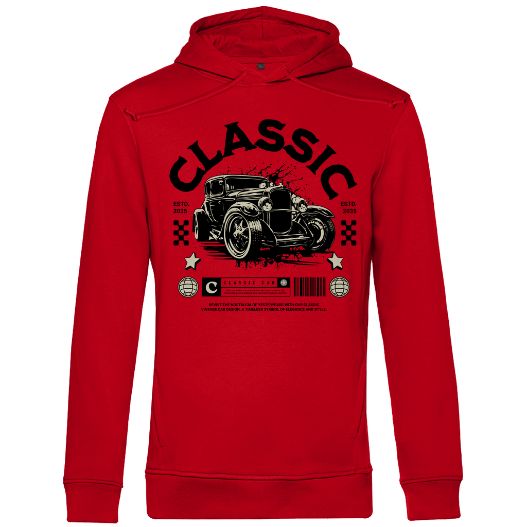 Ein roter Hoodie mit einem auffälligen Retro-Design. Im Mittelpunkt steht ein klassisches Auto, umrahmt von dem Schriftzug „Classic“ in großen, markanten Buchstaben. Darunter befinden sich Retro-Elemente wie Rennflaggen, Sterne und ein Barcode mit dem Text „Classic Car“. Das Design ist eine Hommage an vergangene Zeiten und verleiht dem Hoodie eine stilvolle, nostalgische Note. Ideal für Liebhaber von Vintage-Autos und klassischem Stil.