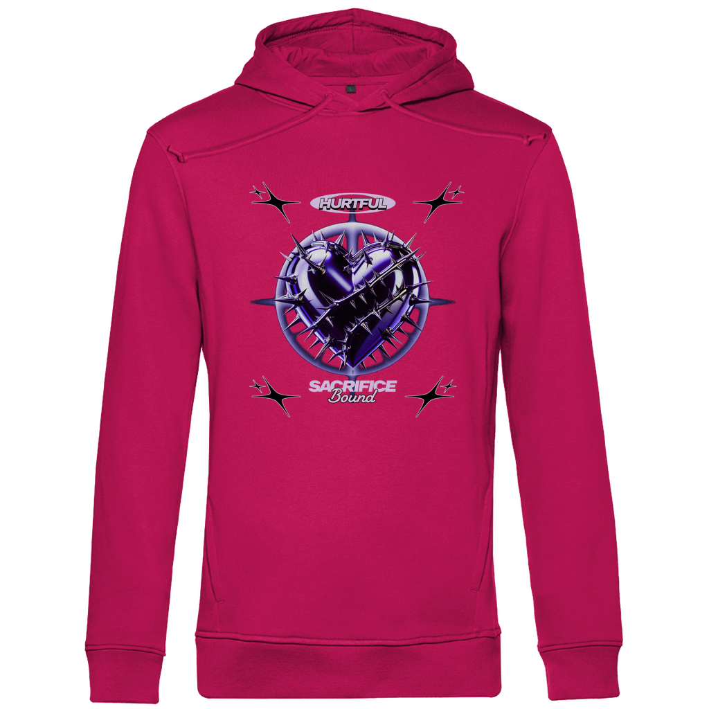 Ein pinker Hoodie mit einem auffälligen Design in der Mitte. Das Motiv zeigt ein violettes Herz, umgeben von Dornen und stachelartigen Elementen. Über dem Herz steht der Schriftzug "Hurtful", darunter "Sacrifice Bound" in hellen Farben. Der Hoodie hat eine künstlerische und emotionale Ausstrahlung, ideal für einen individuellen Look.