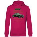 Ein pinker Hoodie mit einem Vintage-Design, das ein klassisches grünes Auto und den Schriftzug "Nostalgia" zeigt. Über dem Auto befindet sich der Text "Old But Gold" in einem dekorativen Rahmen, und darunter steht "Vintage Vehicle" in eleganter Schrift. Ein zusätzlicher Text beschreibt die luxuriösen Details des Fahrzeugs, wie das handpolierte Holzarmaturenbrett und die Ledersitze. Das Design strahlt eine nostalgische und elegante Atmosphäre aus, ideal für Liebhaber klassischer Automobile.