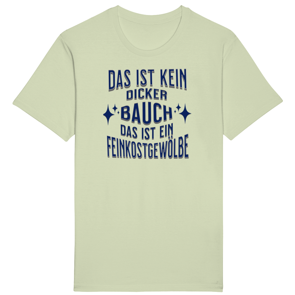 Hellgrünes T-Shirt mit einem humorvollen Spruch: „Das ist kein dicker Bauch, das ist ein Feinkostgewölbe.“ Der Text ist in einer eleganten blauen Schrift gestaltet, begleitet von funkelnden Sternen, die das Design spielerisch abrunden. Ein perfektes Shirt für alle, die zu ihrem Bauch stehen und ihn mit einem Augenzwinkern als „Feinkostgewölbe“ feiern!