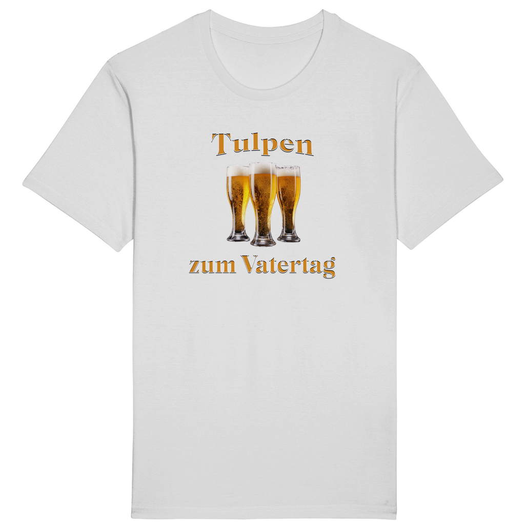 Weißes T-Shirt mit dem humorvollen Spruch „Tulpen zum Vatertag“ in orange-weißer Schrift. In der Mitte des Designs befinden sich drei gefüllte Biergläser, die als humorvolle Anspielung auf „Tulpen“ arrangiert sind.