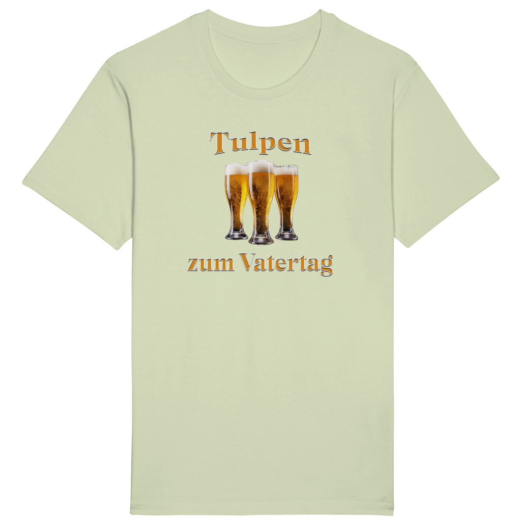 Hellgrünes T-Shirt mit dem humorvollen Spruch „Tulpen zum Vatertag“ in orange-weißer Schrift. In der Mitte des Designs sind drei gefüllte Biergläser angeordnet, die auf humorvolle Weise an „Tulpen“ erinnern.