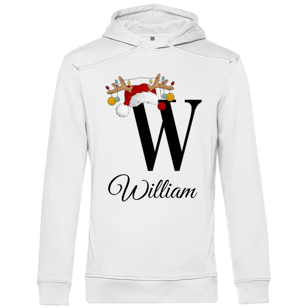 Ein weißer Hoodie mit einem weihnachtlichen Design, das den Buchstaben „W“ in Schwarz zeigt. Der Buchstabe ist mit einem Weihnachtsmann-Hut und Rentiergeweihen verziert, an denen bunte Kugeln hängen. Unter dem Buchstaben steht der Name „William“ in eleganter, geschwungener Schrift. Der Hoodie strahlt eine festliche und persönliche Note aus, perfekt für die Weihnachtszeit.