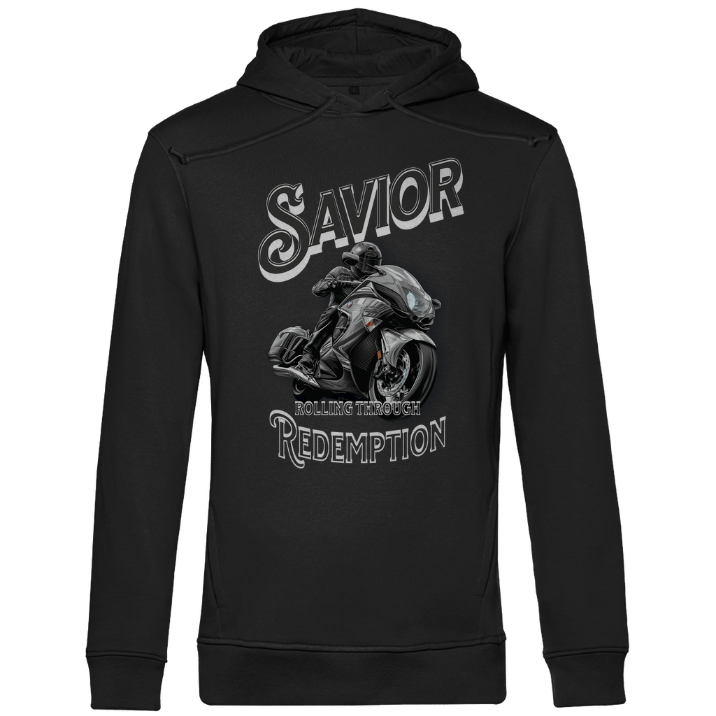 Ein schwarzer Hoodie mit einem auffälligen Motorrad-Design. Im Zentrum befindet sich ein Motorradfahrer auf einem sportlichen Bike in Bewegung. Der Schriftzug "Savior" steht oben in großen, stilvollen Buchstaben, während darunter "Rolling Through Redemption" in kleineren Lettern erscheint. Das Design vermittelt eine kraftvolle und abenteuerliche Atmosphäre, ideal für Motorradliebhaber und Abenteurer.