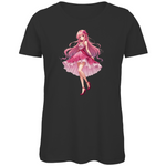 Ein schwarzen T-Shirt mit einem Anime-Motiv eines stilvollen Mädchens in einem rosa Kleid und High Heels, das eine elegante und verträumte Ausstrahlung hat.