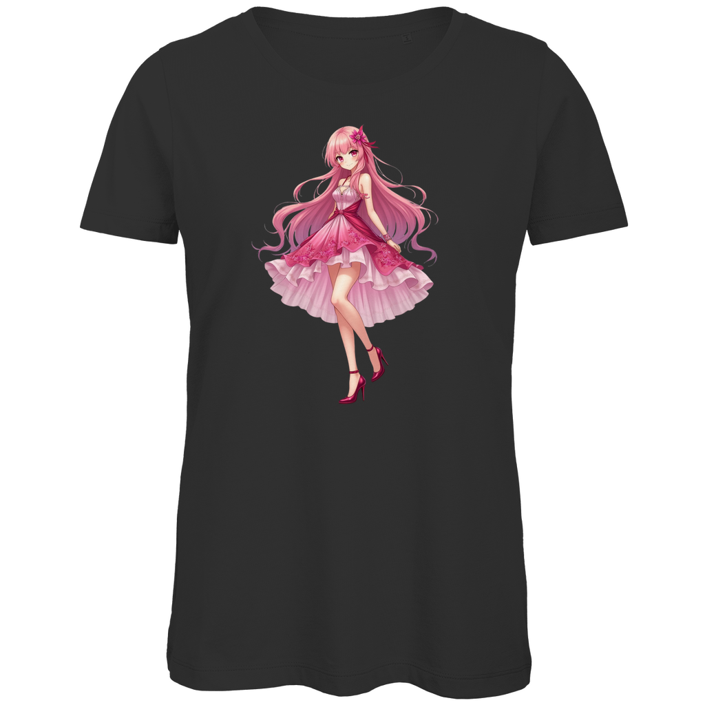 Ein schwarzen T-Shirt mit einem Anime-Motiv eines stilvollen Mädchens in einem rosa Kleid und High Heels, das eine elegante und verträumte Ausstrahlung hat.