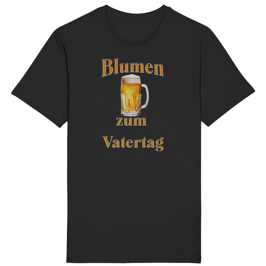 Schwarzes T-Shirt mit dem humorvollen Aufdruck „Blumen zum Vatertag“. Ein goldener Bierkrug in der Mitte des Designs ersetzt augenzwinkernd die traditionellen Blumen, die man sonst schenkt. Ein perfektes Geschenk für Väter, die den Vatertag gerne mit einem erfrischenden Bier feiern und diesen besonderen „Blumenstrauß“ zu schätzen wissen!