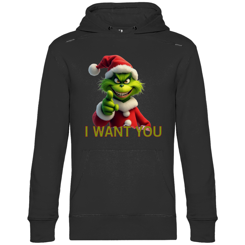 Alt-Text: Ein schwarzer Hoodie mit einem weihnachtlichen Grinch-Motiv, das eine grüne Figur mit Weihnachtsmann-Mütze zeigt, die direkt in die Kamera zeigt. Darunter steht der Text "I WANT YOU" in großen, auffälligen Buchstaben. Der Hoodie vermittelt eine humorvolle, festliche Stimmung und ist perfekt für die Weihnachtszeit.