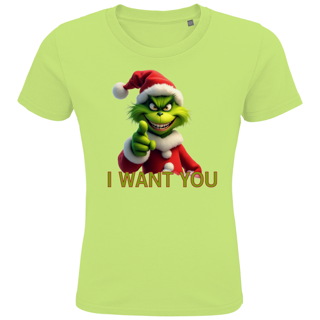 Ein hellgrünes T-Shirt mit einem humorvollen, weihnachtlichen Grinch-Motiv. Auf der Vorderseite ist eine grüne Figur mit Weihnachtsmann-Mütze zu sehen, die in die Kamera zeigt. Darunter steht in roten Buchstaben mit grüner Umrandung der Text "I WANT YOU". Das T-Shirt verbreitet eine witzige, festliche Stimmung und eignet sich perfekt für die Weihnachtszeit.