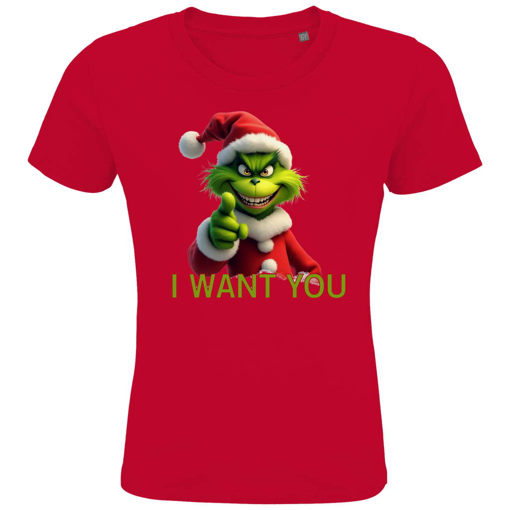 Ein rotes T-Shirt mit einem humorvollen, weihnachtlichen Grinch-Motiv. Auf der Vorderseite ist eine grüne Figur mit Weihnachtsmann-Mütze zu sehen, die in die Kamera zeigt. Darunter steht in roten Buchstaben mit grüner Umrandung der Text "I WANT YOU". Das T-Shirt verbreitet eine witzige, festliche Stimmung und eignet sich perfekt für die Weihnachtszeit.