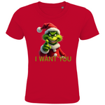 Ein rotes T-Shirt mit einem humorvollen, weihnachtlichen Grinch-Motiv. Auf der Vorderseite ist eine grüne Figur mit Weihnachtsmann-Mütze zu sehen, die in die Kamera zeigt. Darunter steht in roten Buchstaben mit grüner Umrandung der Text "I WANT YOU". Das T-Shirt verbreitet eine witzige, festliche Stimmung und eignet sich perfekt für die Weihnachtszeit.