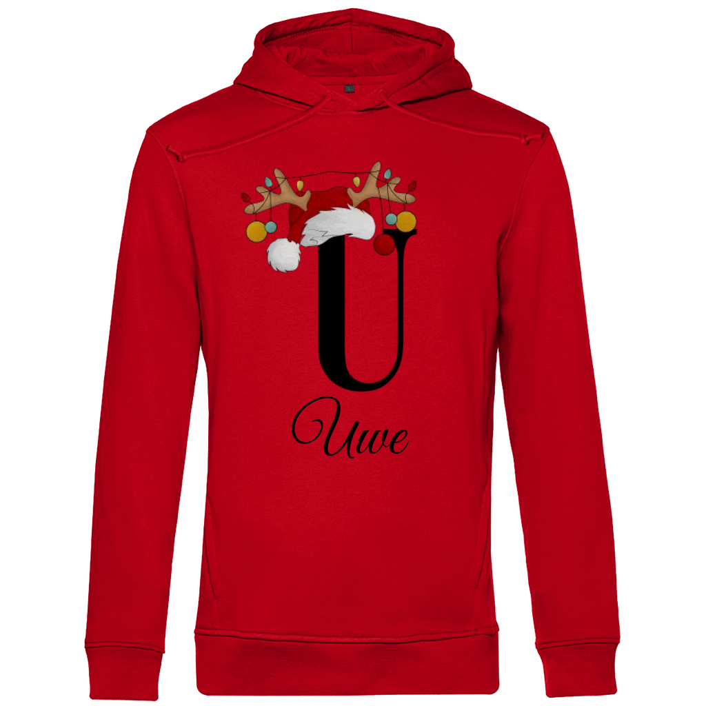 Ein roter Hoodie mit einem weihnachtlichen Design, das den Buchstaben „U“ in Schwarz zeigt. Der Buchstabe ist mit einem Weihnachtsmann-Hut und Rentiergeweihen verziert, an denen bunte Kugeln hängen. Unter dem Buchstaben steht der Name „Uwe“ in eleganter, geschwungener Schrift. Der Hoodie vermittelt eine festliche und persönliche Stimmung, perfekt geeignet für die Weihnachtszeit.