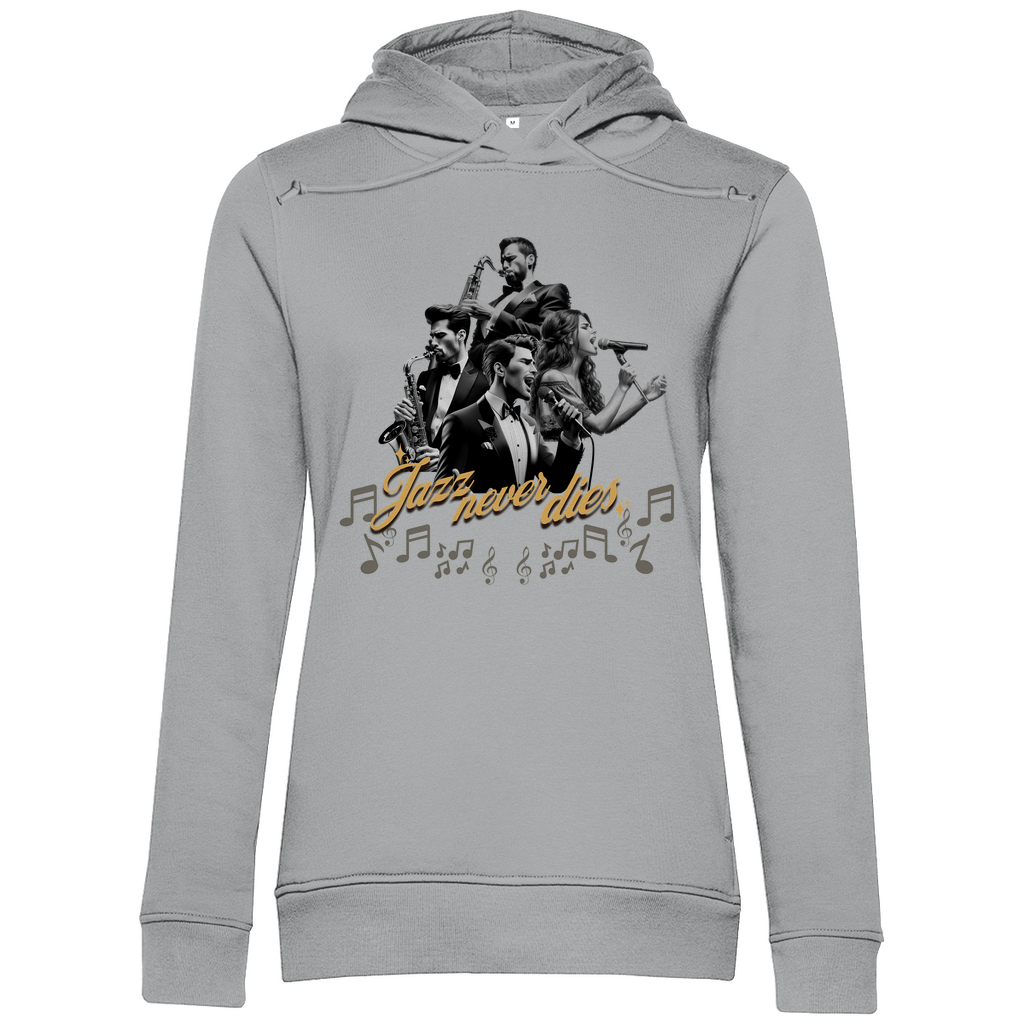 Grauer Damen-Hoodie mit einem stilvollen Jazz-Design. Das Motiv zeigt eine Gruppe von Musikern, die verschiedene Instrumente spielen, umgeben von Musiknoten. In der Mitte prangt der Schriftzug "Jazz never dies" in goldener Schrift. Der Hoodie kombiniert eine moderne Ästhetik mit einem zeitlosen musikalischen Thema.