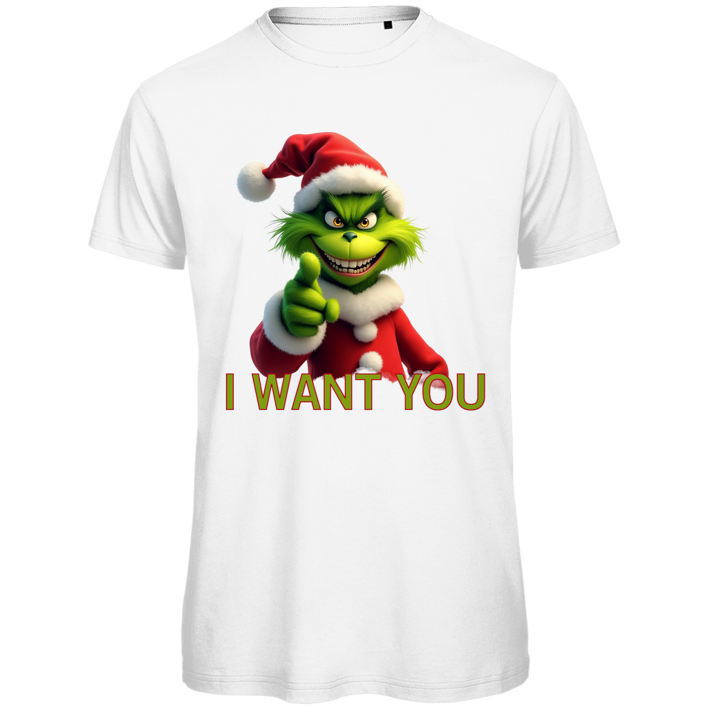 Ein weißes T-Shirt mit einem humorvollen, weihnachtlichen Motiv. Auf der Vorderseite ist eine grüne, grinsende Figur in einem roten Weihnachtsmann-Anzug zu sehen, die direkt in die Kamera zeigt. Darunter steht in gelben Buchstaben mit roter Umrandung der Text "I WANT YOU". Das T-Shirt strahlt eine lustige, festliche Atmosphäre aus und ist perfekt für die Weihnachtszeit geeignet.